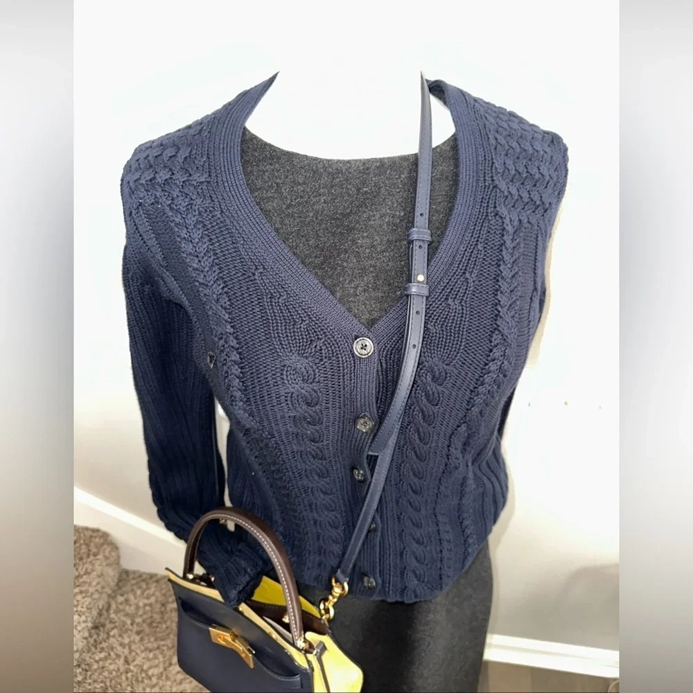 NWOT Brooks brothers button down v neck cotton navy cable knit cardigan